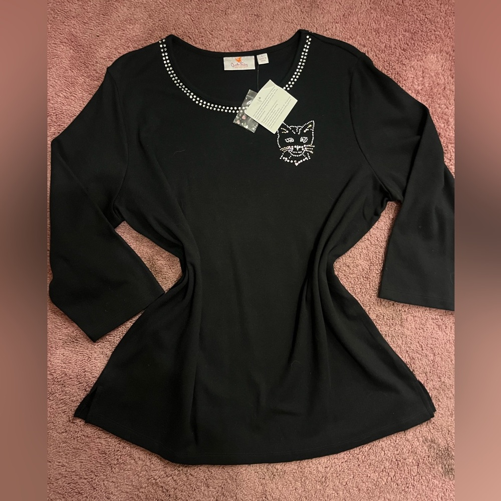 Quacker Factory Black Top with Rhinestone Cat Design - Picture 1 of 5